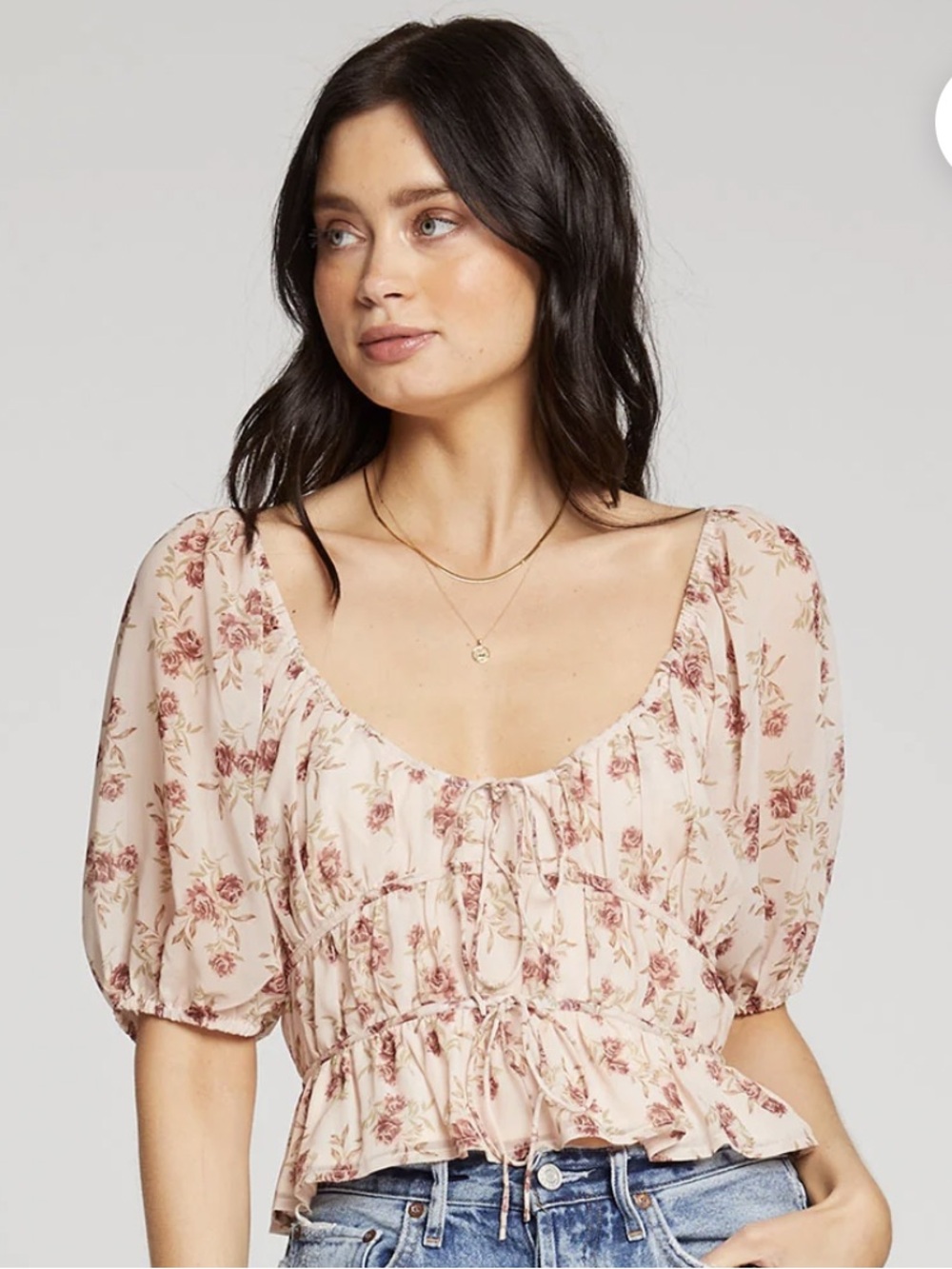 Saltwater Luxe Elia Cream Floral Rose print Puff Sleeve Cropped Blouse NWT XS